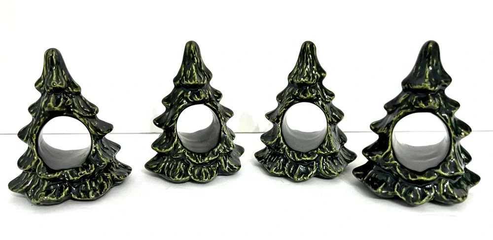 Vintage Ceramic Christmas Tree Napkin Rings Holders 3.5” X 3” Green Lot of 4